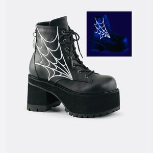 DEMONIA RANGER 105 Black Lace-Up Boots with Spider Web Design NIB
